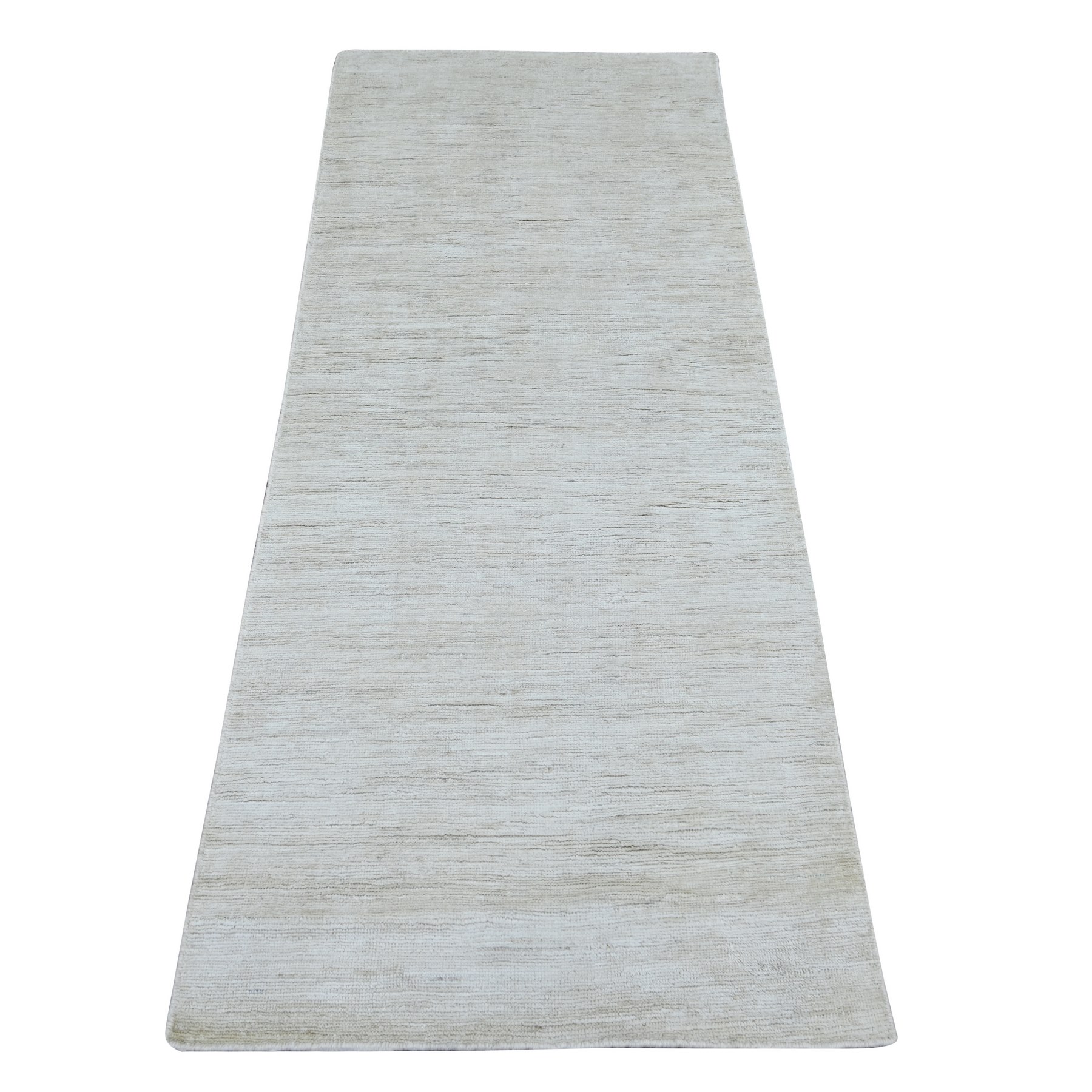 2'7"x6'3" Daisy White, Plain Solid Pattern, Hand Knotted, Hand Spun Ghazni Wool, Lush and Plush, Runner, Oriental Rug 